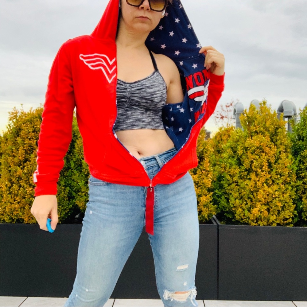 Vintage 2in1 Wonder Woman Red White Blue Star Stripe Double Side Turning Hoodie - Picture 6 of 16